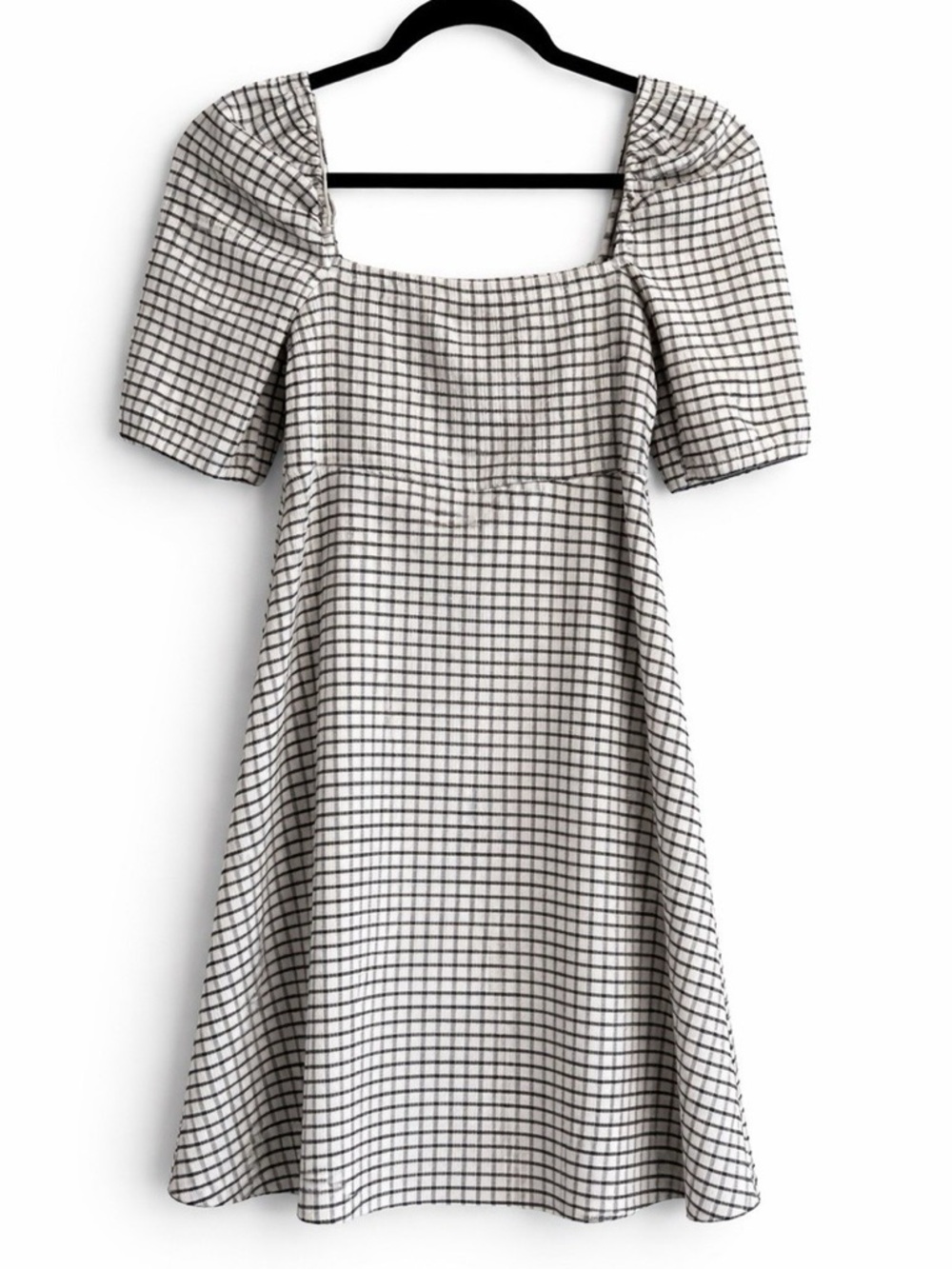 Zara Checked Square-Neck A-Line Dress in Black and White